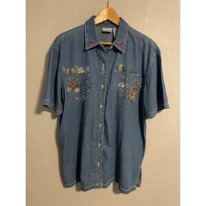 Bobbie Brooks Denim Top Womens 14W 16W Farm Embroidered Country Cottagecore 90s